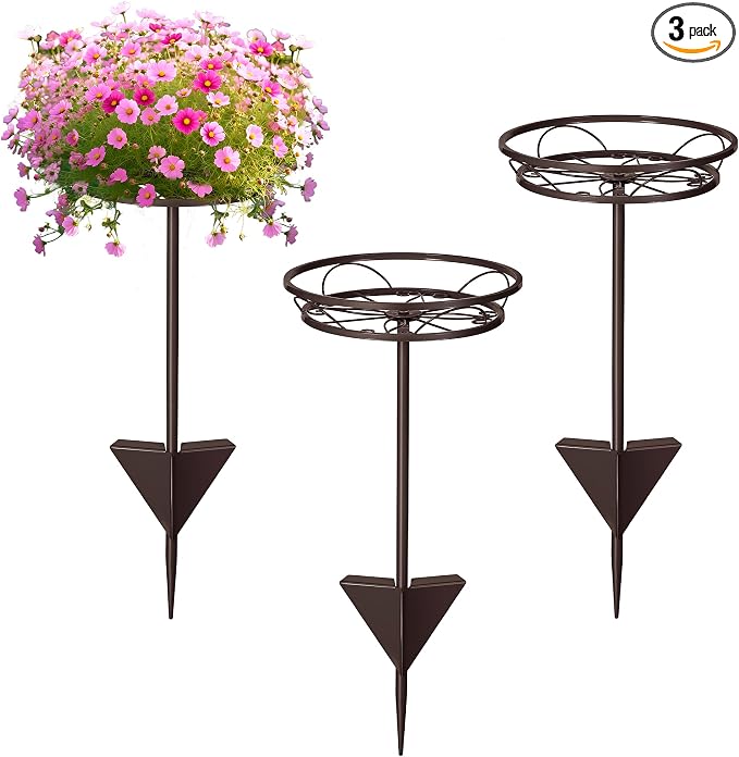 Tellingyou 3 Pack Adjustable Outdoor Flower Pot Stand, Metal Outdoor Plant Stands, Spring Summer Versatile Plant Stand Garden Stake for Display Plants, Elegant Solution for Landscaping Decor (Brown)