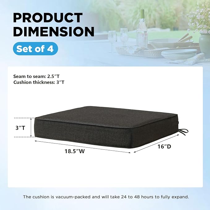 18.5 x 16 Inch Sunbrella Outdoor Chair Cushions with Tie Straps, Set of 4 Thick Water Repellent Rectangle Patio Chair Pads for Garden Lawn Patio Furniture, Canvas Coal