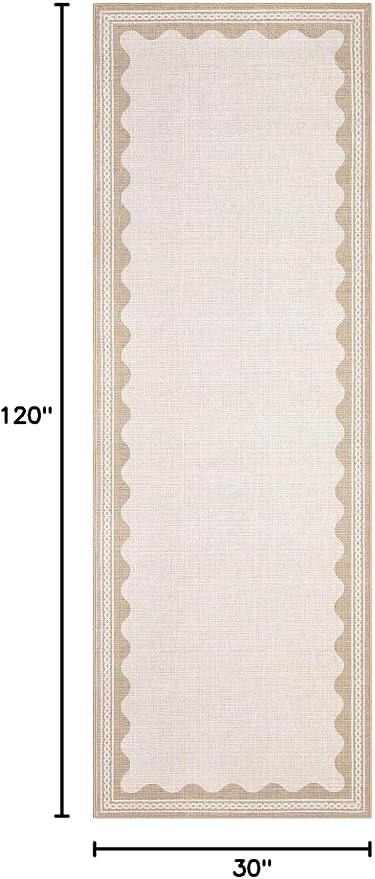 GarveeHome Scalloped Beige 2.5x10 Runner Rug for Hallway Washable Kitchen Rugs Non Slip Solid Modern Minimalism Soft Low-Pile Indoor Carpet for Entryway Laundry Room Floor Mats