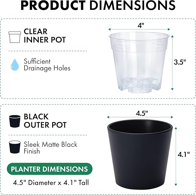 Phoenix Vine 4.5 Inch Black Plastic Cachepot with Clear Nursery Pot, Decorative Lightweight Planter Cover with Transparent Inner Pot for Indoor Houseplants, Pack of 6, 24-B-E-6