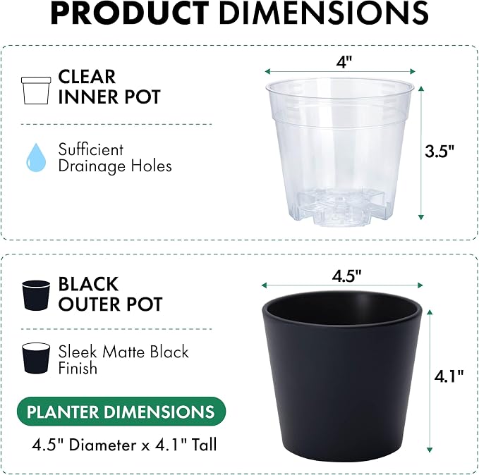 Phoenix Vine 4.5 Inch Black Plastic Cachepot with Clear Nursery Pot, Decorative Lightweight Planter Cover with Transparent Inner Pot for Indoor Houseplants, Pack of 8, 24-B-E-8