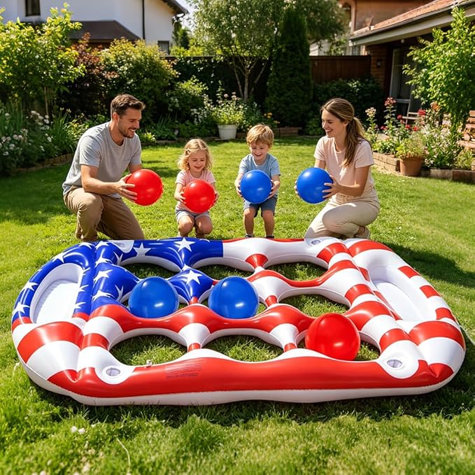 Pool Toys Games Set, Tic-Tac-Toe Inflatable Pool Toy with 10 Balls, American Flag Floating Board Swimming Pool for Adults Teens Kids Summer Water Ball Toys