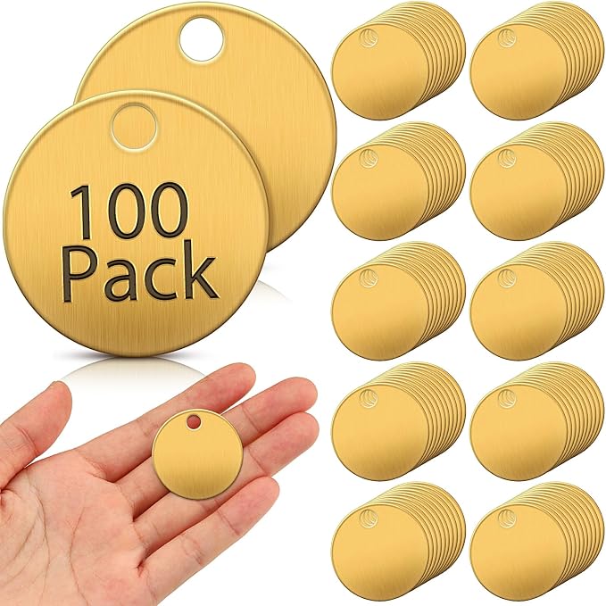 Hicarer 100 Pcs Solid Tags for Stamping Round Key Tags Blanks with Hole for Pets Plants Doors Pipe Valves Equipment Tool and Keys Labeling (Brass,1.25 Inch)