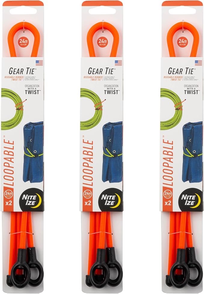 Nite Ize Gear Tie Loopable Twist Tie - Reusable & Flexible Twist Ties - Bendable Cable Ties for Gear & Cords - Loopable for Secure Fastening - 24", Bright Orange (3 Pack)