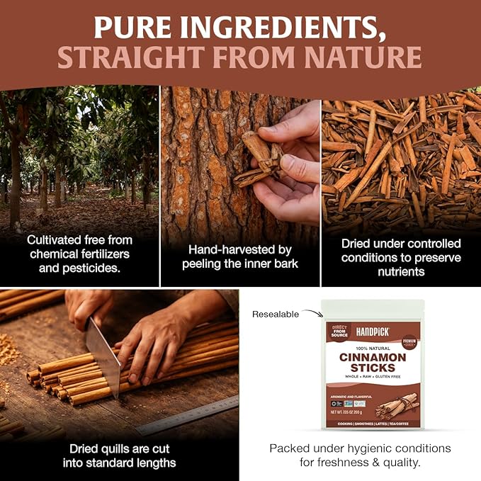 HANDPICK Cinnamon Sticks (7 oz) 100% Raw, Non-GMO, Gluten-Free | Premium Quality | Resealable Ziplock Pouch | Perfect for Baking, Cooking & Beverages (Packaging may vary)