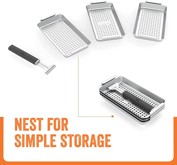 Yukon Glory BBQ 'N SERVE Grill Basket Set — 3 Commercial-Grade Stainless Steel Baskets, Clip-On Handle & Patented Grill-to-Table Design, RUST-PROOF, Dishwasher Safe, for Fish, Vegetables & Meat