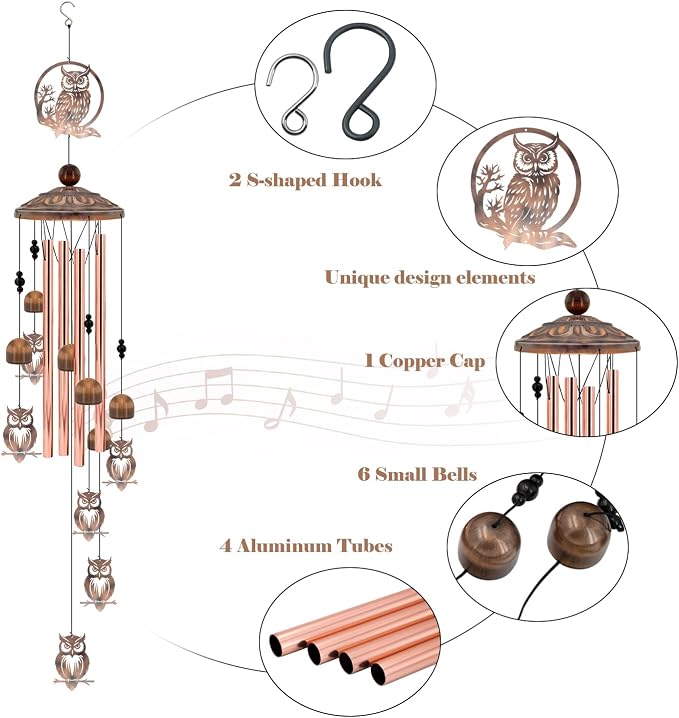 36 Inch Owl Wind Chimes for Outside - Rustic Copper Metal Silhouette Decor with 6 Handcrafted Pendants - Wisdom & Guardian Memorial Windchime - Unique Gift for Owl Lovers, Garden & Patio