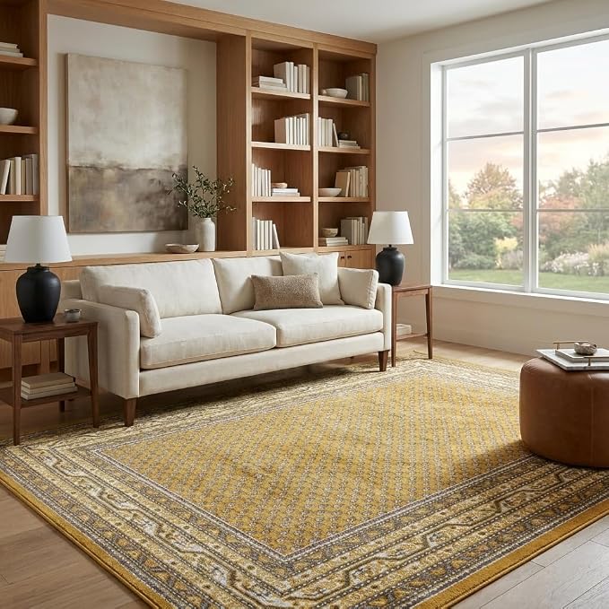 Unique Loom Williamsburg Collection Traditional Border with Dotted Center Area Rug, Rectangular 7' 1" x 10' 0", Yellow/Beige