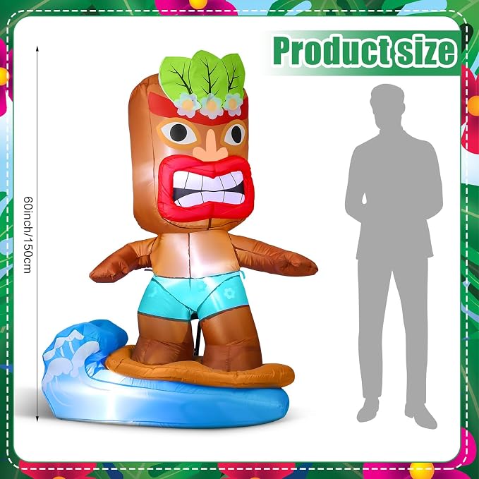 Shappy 5 Ft Inflatable Surfboard Lighted Blow up Tiki Hawaiian Party Decor | Luau Tropical Inflatables Giant Outdoor LED Tiki Blow up Aloha Bar Beach Summer Pool Surfing Party Decorations