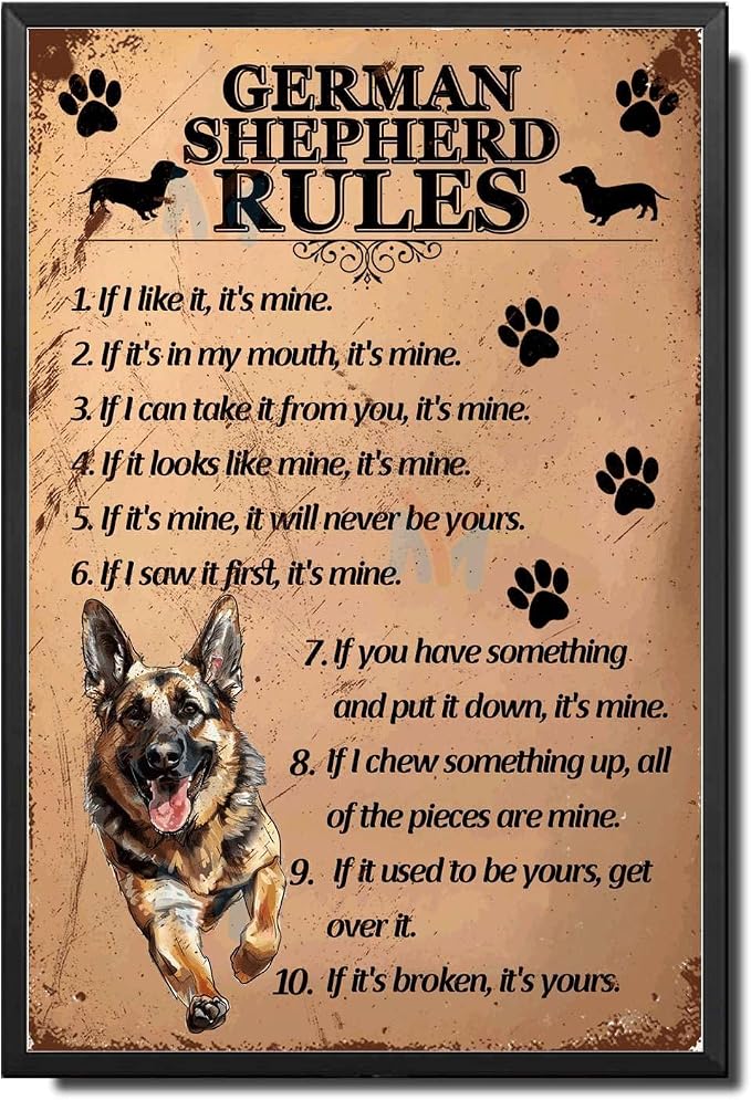 Metal Sign Tin Sign Vintage Wall Art German Shepherd Rules Inspirational Wall Art for Restaurant 8×12 Inches with Metal Frame