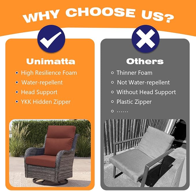 Unimatta Sunbrella Outdoor High Back Chair Cushion Seat Pads, 44 x 21 Inch Water-Repellent & Fade-Resistant Patio Furniture Cushions with Ties for Adirondack, Rocking Chairs, Canvas Henna
