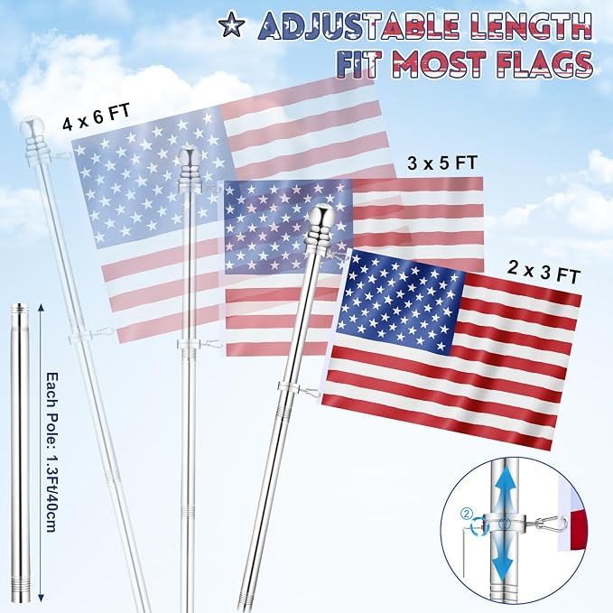 Flag Pole for Outside House Porch Wall Mount, REERON 7 FT No Tangle Stainless Steel Spinning Flagpole Kit with 360° Rotating 1" Metal Flag Pole Rings Clips for 3x5' 4x6' American Flag, Without Bracket