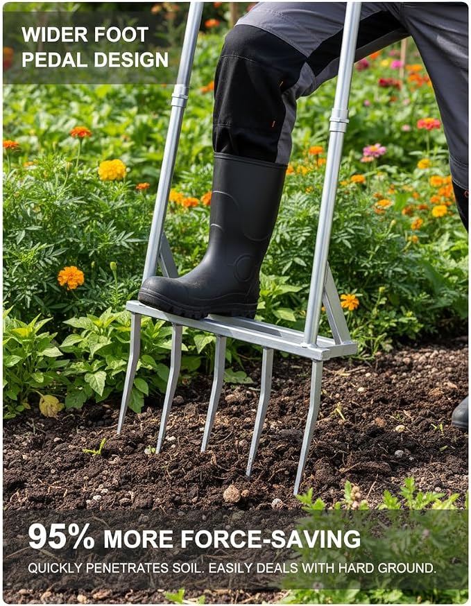 56 Inch 5-Tine Heavy Duty Broadfork, Rust-Resistant Professional Garden Fork with Widened Foot Pedal, High-Strength All-Steel Soil Tiller for Aerating Clay Soil for Farming