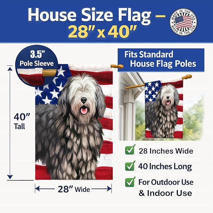 Caroline's Treasures CK6430CHF Bergamasco American Flag House Flag Large Porch Sleeve Pole Decorative Outside Yard Banner Artwork Wall Hanging, Polyester, House Size, Multicolor