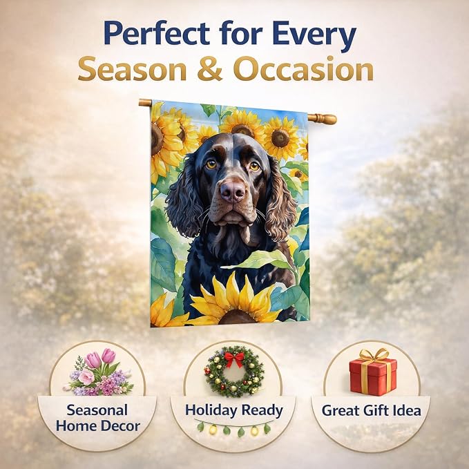 Caroline's Treasures DAC6011CHF American Water Spaniel in Sunflowers House Flag Large Porch Sleeve Pole Decorative Outside Yard Banner Artwork Wall Hanging, Polyester, House Size, Multicolor