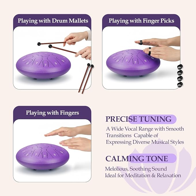 Rain Drum for Outside - 15 Note 12 Inch Steel Tongue Drum - Handpan Drum for Meditation and Beginners with Music Book, Rain Drum Mallet, and Carrying Bag(Purple, 12 lnch)
