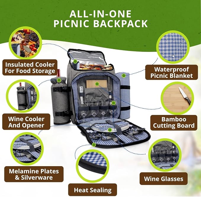 Nature Gear Picnic Backpack for 4, Insulated Picnic Set with Dinnerware, Wine Cooler, Blanket & Cutlery Service, Waterproof Outdoor Bag for Beach, Camping, Travel & Park, Blue