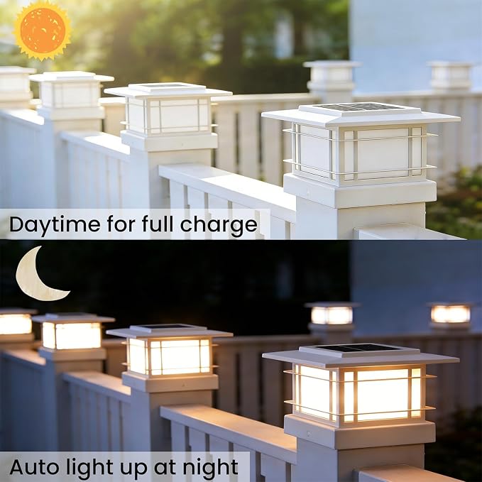 Dynaming 4x4 Solar Post Cap Lights Outdoor with 2 Color Mode, 6 Pack Fence Post Solar Lights White Shell Fit for 4x4 Vinyl/Wooden Posts, High Brightness LED Lighting Decor for Garden Deck Patio