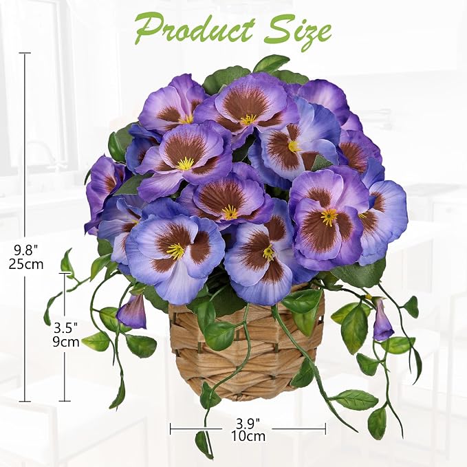 Briful Artificial Pansy Flowers in Baskets, 2PCS Realistic Fake Flowers for Farmhouse Table Decor, All Seasons Faux Indoor Flowers for Home Kitchen Living Room Dining Shelf Decor, Purple