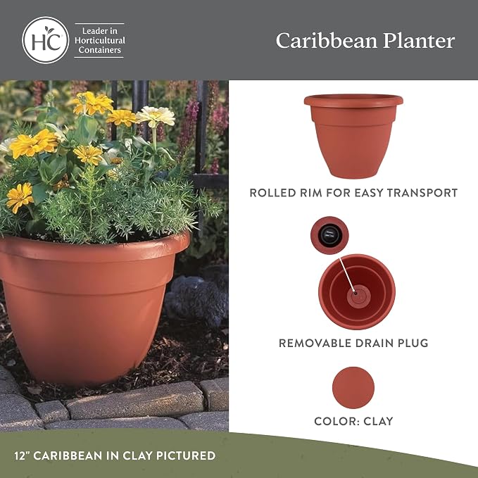 The HC Companies 16 Inch Caribbean Planter Pots with Drainage & Plug, Rolled Rim Plastic Planters for Indoor & Outdoor Plants, 2-Pack Decorative Flower Pots for Garden, Office & Home Decor, Clay