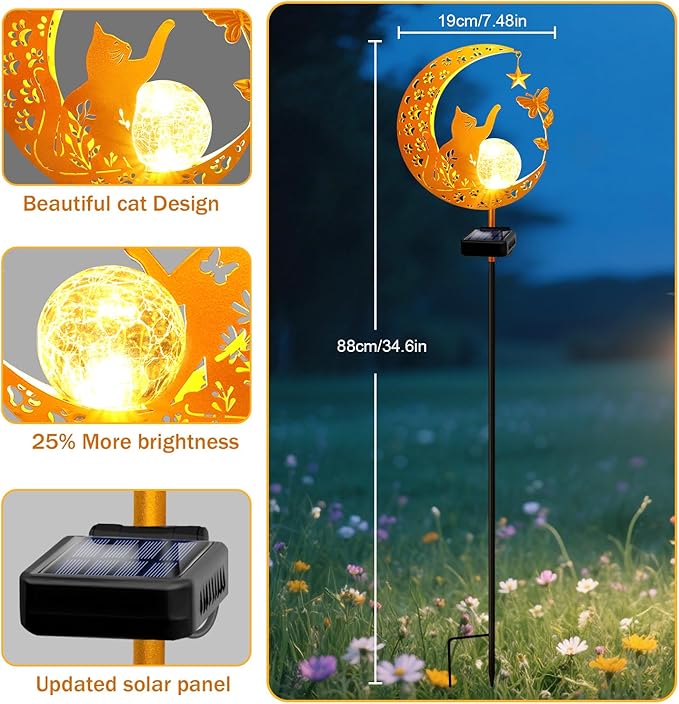 Solar Garden Lights Waterproof, Gift for Women Mom Grandma Wife Daughter, Cat Pathway Stake Lights, Glass Globe with Moon Cat Decor, Outdoor Decor Lights for Walkway Yard Lawn Patio Courtyard Garden