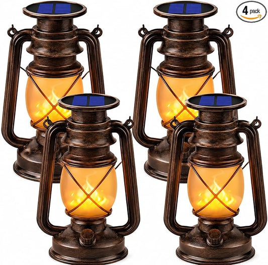Solar Lanterns Outdoor 4 Pack, Flickering Flame LED Hanging Solar Lights with Handle, Vintage Bronze Solar Powered Lanterns for Patio Porch Garden Yard Pathway Table Camping Halloween Christmas Decor