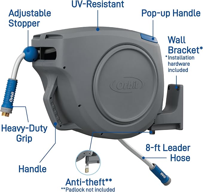 Orbit Auto-Retractable Garden Hose Reel - 100 ft x 5/8 in | Heavy-Duty, 180° Swivel Mount, 500 PSI Burst Strength - 28263