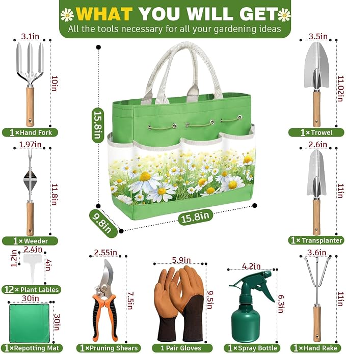 22Pcs Garden Tools Set for Women,Heavy Duty Hand Tool Kit,Birthday Gifts for Mom Wife Grandma Beginner,Gardening Essentials with Large Tote Bag/Repotting Mat/Trowel/Rake/Pruner/Gloves/Plant Tags-Green