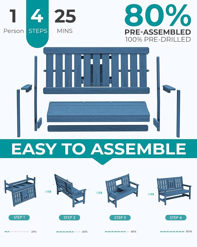 SERWALL HDPE Outdoor Bench with Cup Holder Oversized 58" Porch Bench, Navy | Suitable for 3 Person, Heavy-duty, High Backrest, Weatherproof Material Patio Benches for Garden, Park, Yard, Front Porch