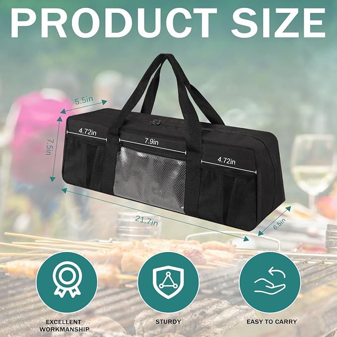 Grill Tool Storage Bag, Large Grill Utensil Storage Caddy with Pockets, Portable Grill Accessory Storage Bag for Outdoor Camping & BBQ (Black)