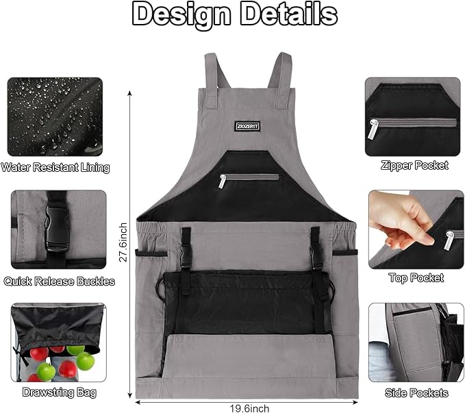 Garden Apron,Harvest Aprons with Drawstring Bag and Pockets for Women and Men,Canvas Fruit Picking Apron