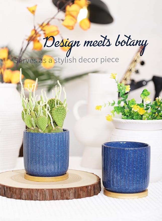 4 Inch Cylinder Ceramic Plant Pots, Blue, Set of 4 | Drainage Holes & Saucers, Glazed, Small Boho Planters, With Trays, For Indoor Flower, Snake Plants, Succulent, Cactus