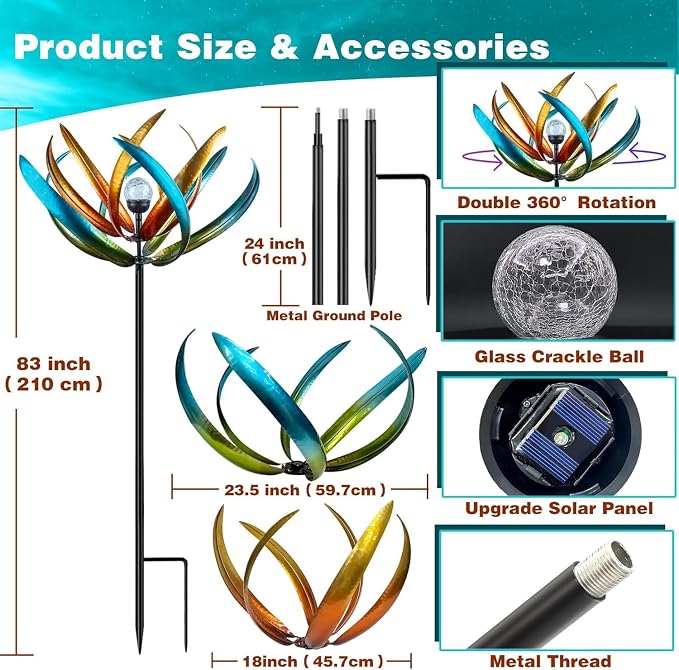 83" Large Solar Wind Spinner Outdoor - Metal Tulip Flower Sculpture with Multi-Color LED Glass Ball - Waterproof Kinetic Yard Art for Garden Lawn Patio, Mother’s Day Birthday Gardening Gifts