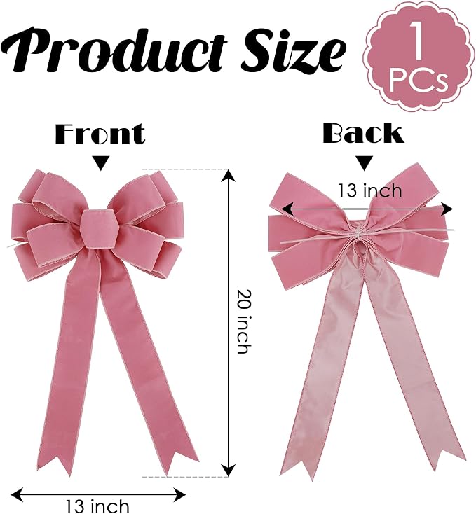 13" Dusty Rose Pre-Tied Velvet Bow For Christmas Tree, Pink Bow For Wreaths, Wedding, Premade Bows with Twist Tie, Tree Toppers Bows for Party Favor, Christmas Home Indoor Outdoor Decor-1 PCs