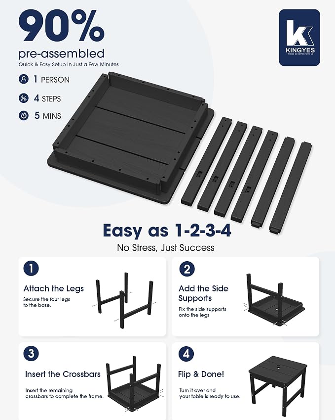KINGYES Double Side Table with 1.6'' Umbrella Hole, HDPE Adirondack End Table- Black