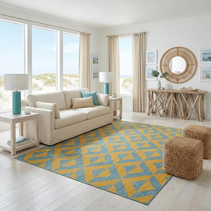 Unique Loom Jill Zarin Outdoor Collection Area Rug - Napa (7' 1'' x 10' Rectangle, Yellow and Aqua/Yellow)