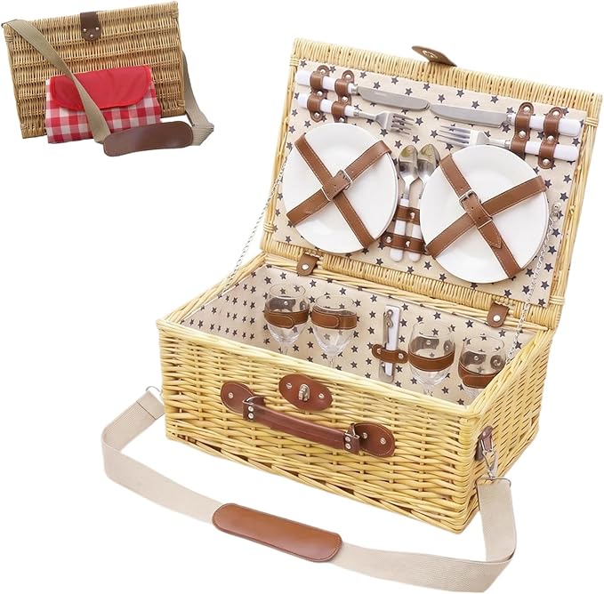 Multifunctional Wicker Picnic Basket Set for 4 Blanket Family Folding Wine Table,Insulated Portable Extra Big Storage Capacity Woven Rattan Canasta De Full Tablewares Camping Outdoor Flowers Star