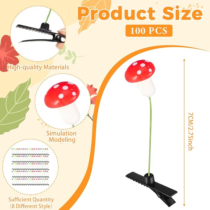 Tigeen 100 Pcs Rave Sprouts Bean Sprout Funny Hair Clips Mixed Style Plant Hairpins Hair Accessories for Home Party Irish(Mushroom)