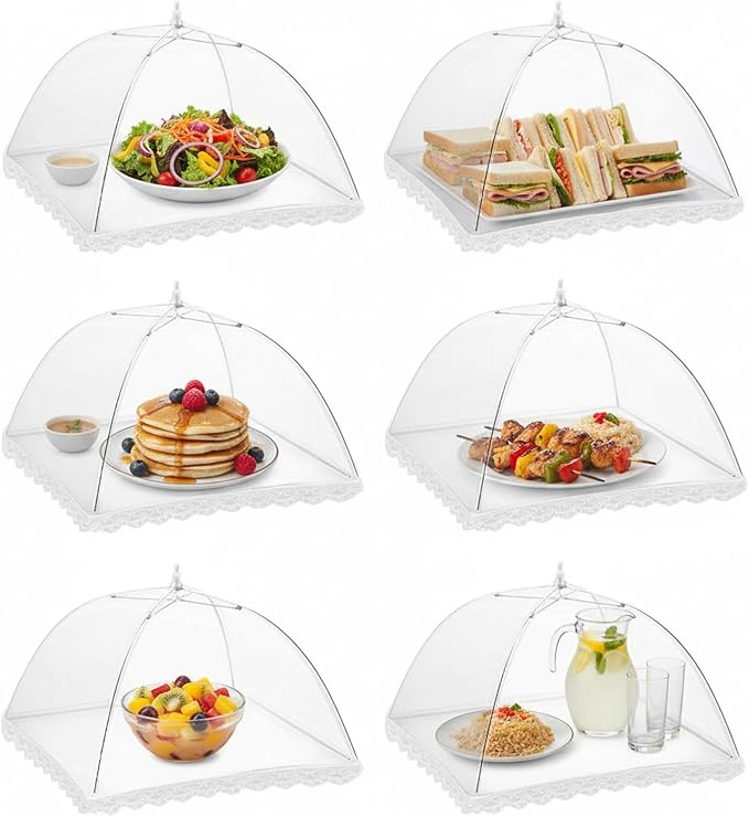 6 Pack Mesh Food Covers 17 Inch, White Pop-Up Food Tents, Collapsible Umbrella Screen Covers for Parties, BBQs, Picnics, Outdoor Camping Dining, Reusable Fly Cover