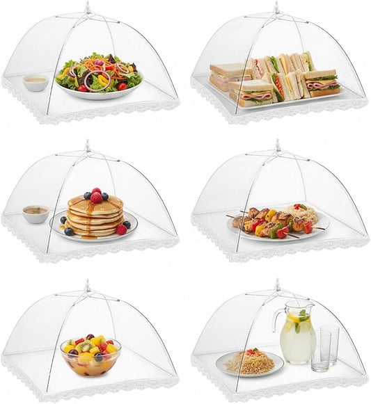 6 Pack Mesh Food Covers 17 Inch, White Pop-Up Food Tents, Collapsible Umbrella Screen Covers for Parties, BBQs, Picnics, Outdoor Camping Dining, Reusable Fly Cover