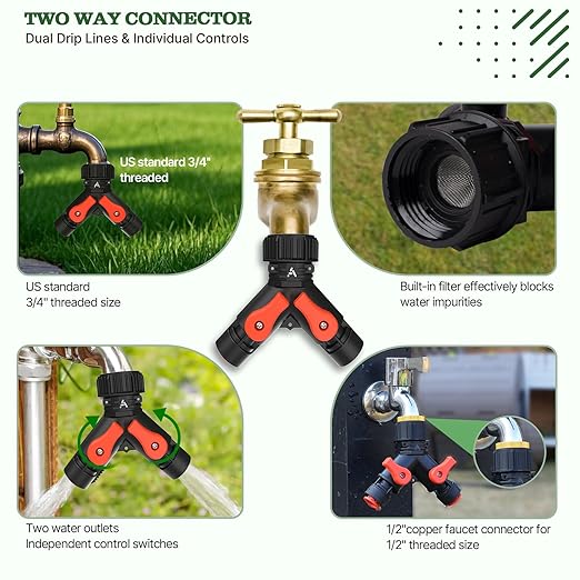A ANLEOLIFE 230FT Drip Irrigation System Kit, Complete Garden Watering System with 1/2” & 1/4” Quick-Connect Tubing, 32 Adjustable Emitters for Raised Beds, Lawn, Greenhouse, Potted Plants