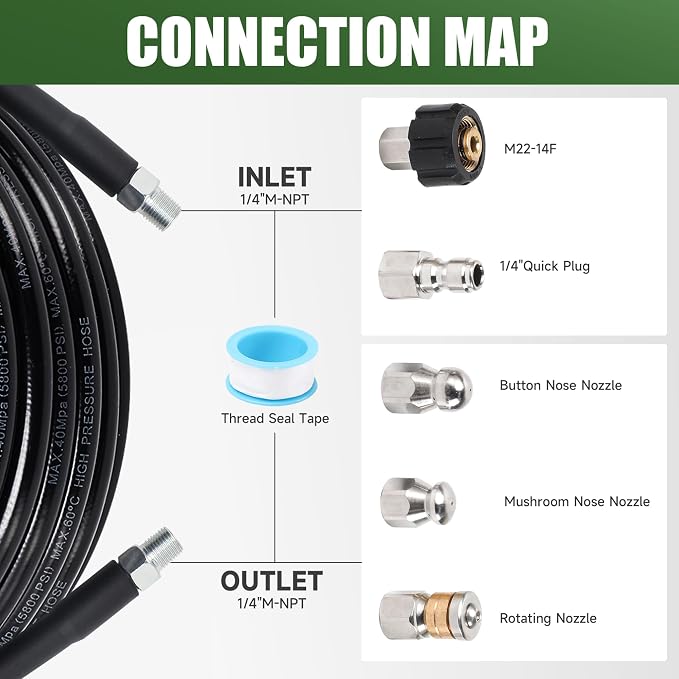 Sewer Jetter Kit for Pressure Washer, 100FT Drain Cleaning Hose with Corner Rotating and Button Nose Nozzles, 1/4" NPT Sewer Jet Nozzle Set with Spanner, Tape, Pins, 5800 PSI