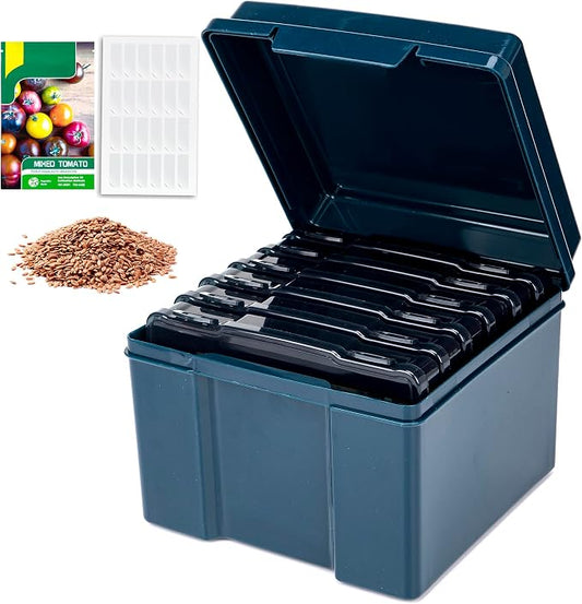 Dark Green Seed Storage Box with 6 Inner 57 Inch Small Boxes, Portable Tool Storage Box for Fishing, Garden Seed Packet Storage Organizer with Label Stickers