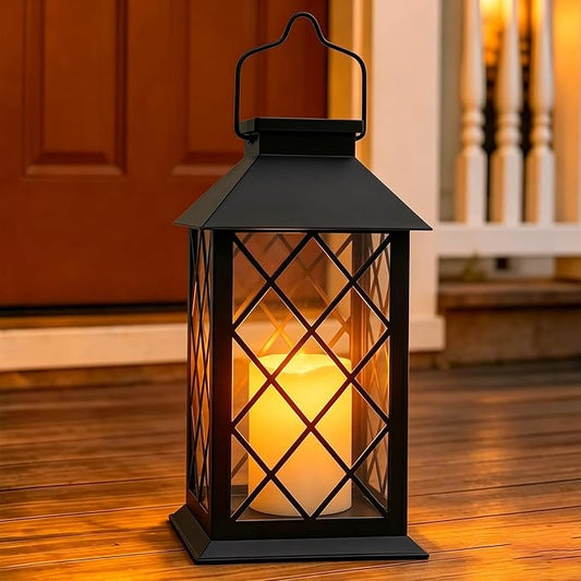 Solar Lanterns Outdoor Waterproof, 1 Pack 14‘’ Tempered Glass Outdoor Lanterns with Flameless Candles, Solar Hanging Lantern Decorative for Patio Porch Garden Table Deck Outside - Black