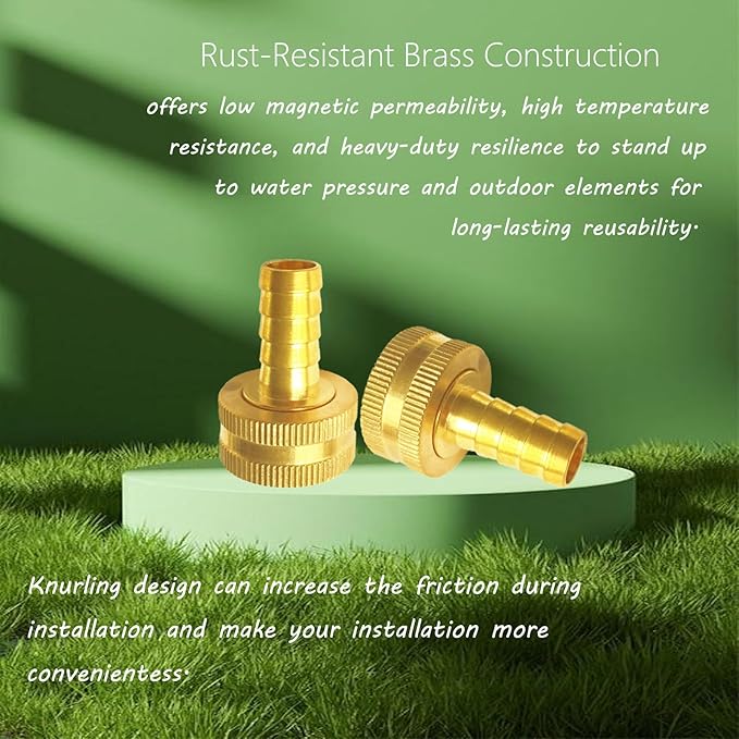 Brass Garden Hose Adapter Fitting, 1/2” Barb and 3/4” GHT Female Connector, Heavy-Duty High-Pressure Support, Rust and Corrosion Resistant (2PCS)