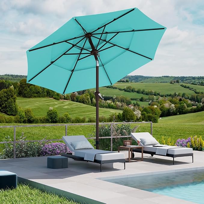 PatioKingdom 9ft 3-Tier Patio Market Umbrella with Crank/Tilt, Commercial Heavy Duty Wind Proof,Outdoor Table Umbrella with 8 Fiberglass Ribs,UPF50+ for Deck,Pool,Garden,Backyard (Peacock Blue)