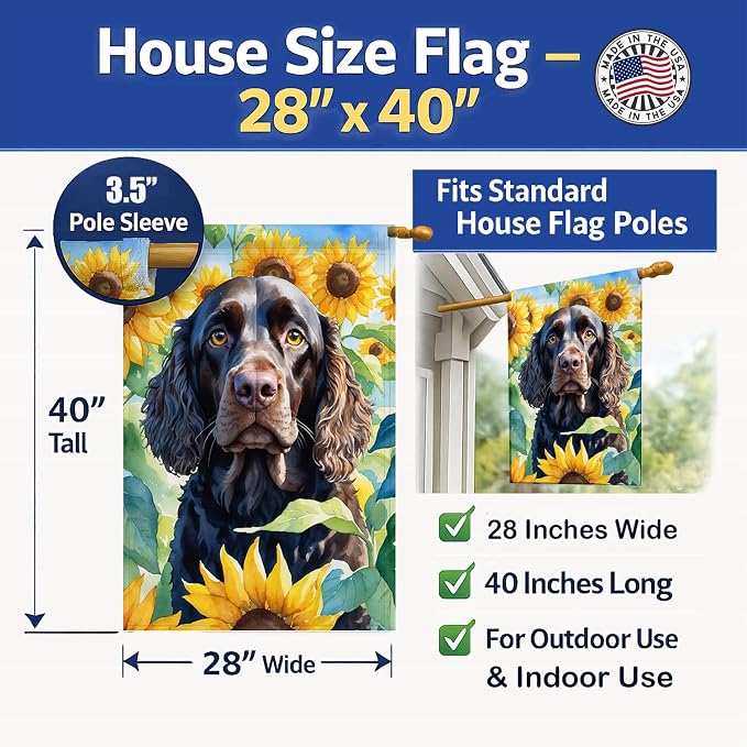 Caroline's Treasures DAC6011CHF American Water Spaniel in Sunflowers House Flag Large Porch Sleeve Pole Decorative Outside Yard Banner Artwork Wall Hanging, Polyester, House Size, Multicolor
