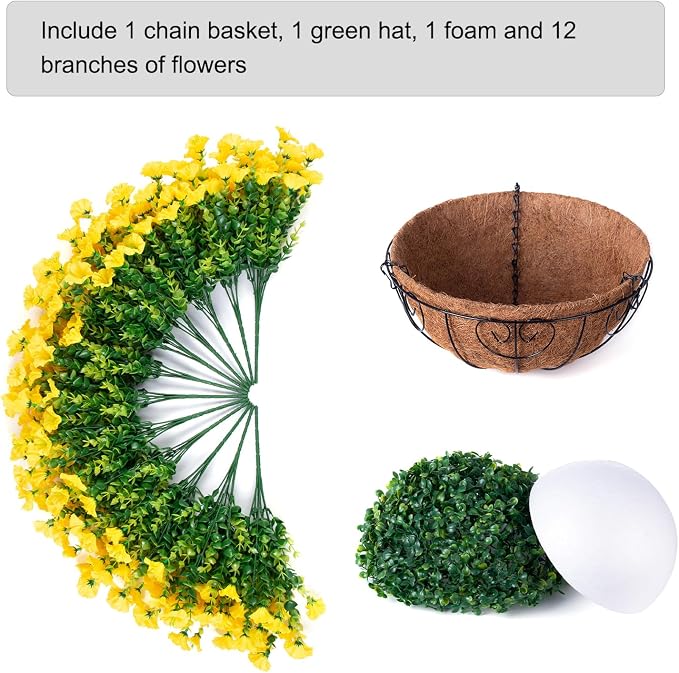 Artificial Fake Hanging Flowers Plants Baskets for Spring Outdoors Decor, Faux Silk Morning Glory in Planter UV Resistant Realistic Outside Flowers for Outdoor Porch Patio Balcony Yard Home, Yellow