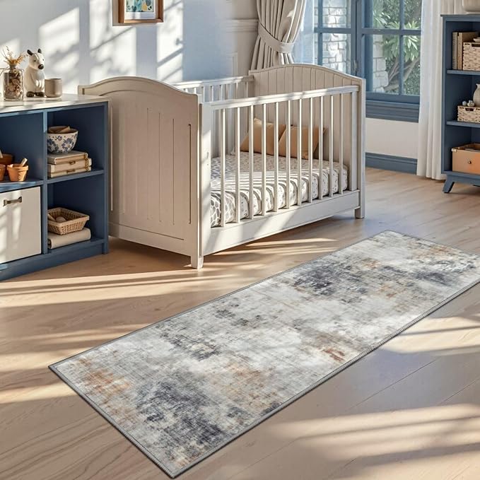 Toneed Washable 2x6 Non-Slip Runner Rug for Hallway Kitchen, Grey/Brown | Abstract Soft Modern Low Pile Area Rugs for Bedroom Laundry Living room,Indoor Carpet for Bedside Home Decor