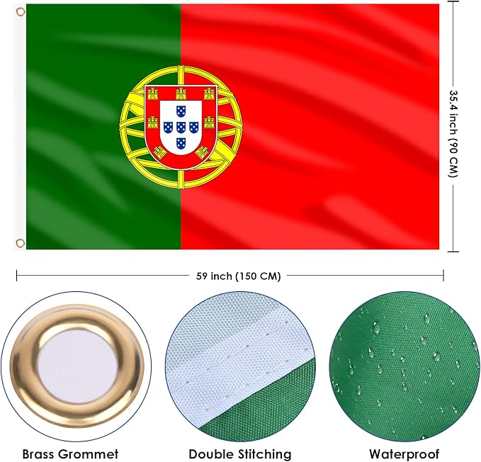 AhfuLife 2 Pcs Portugal Flag 3x5 Ft, Portuguese Flag Large Portugal National Flags for Outside - Double Side with Brass Eyelets for Olympic Party Decorations, Bar Street Decoration Indoor Outdoor